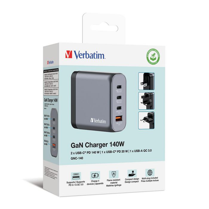 Verbatim GNC-140 Cargador de Pared GaN 140W con 3x USB-C y 1x USB-A Verbatim GNC-140 Cargador de Pared GaN 140W con 3x USB-C y 1x USB-A