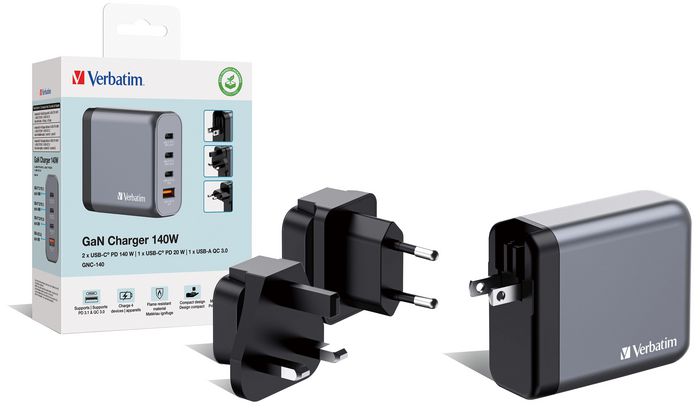 Verbatim GNC-140 Cargador de Pared GaN 140W con 3x USB-C y 1x USB-A Verbatim GNC-140 Cargador de Pared GaN 140W con 3x USB-C y 1x USB-A