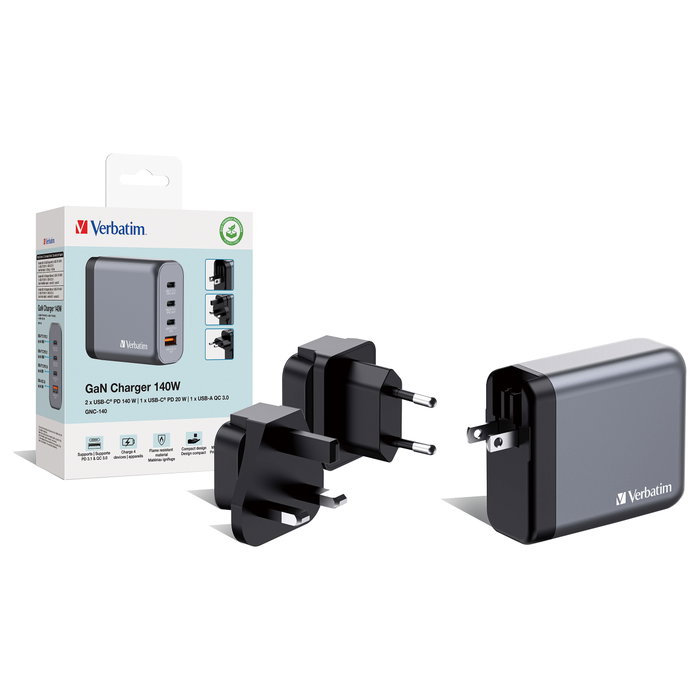 Verbatim GNC-140 Cargador de Pared GaN 140W con 3x USB-C y 1x USB-A Verbatim GNC-140 Cargador de Pared GaN 140W con 3x USB-C y 1x USB-A