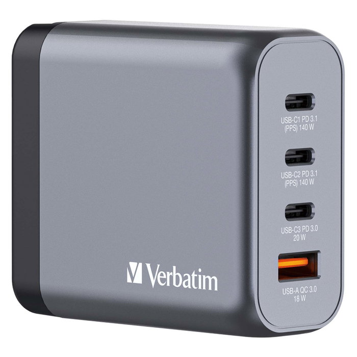 Verbatim GNC-140 Cargador de Pared GaN 140W con 3x USB-C y 1x USB-A Verbatim GNC-140 Cargador de Pared GaN 140W con 3x USB-C y 1x USB-A