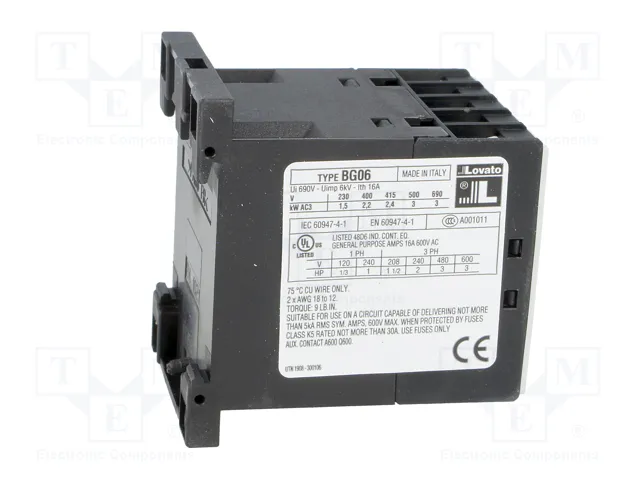 LOVATO ELECTRIC Contactor BG 3-polar 6A 24VAC NC