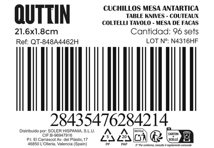 Inde Set de 2 Cuchillos de Mesa 22 cm Antartica (12 Cajas) Reformulado
