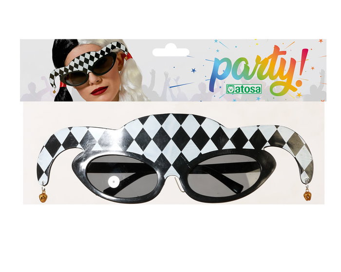 Atosa Gafas de Disfraz Arlequín Unisex Blanco y Negro con Cascabeles Dorados