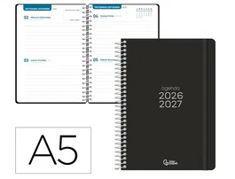 Liderpapel - Agenda escolar 2026-2027, formato A5, espiral, interior bilingüe, 2 días por página, colección Basic, color negro, papel FSC 70g