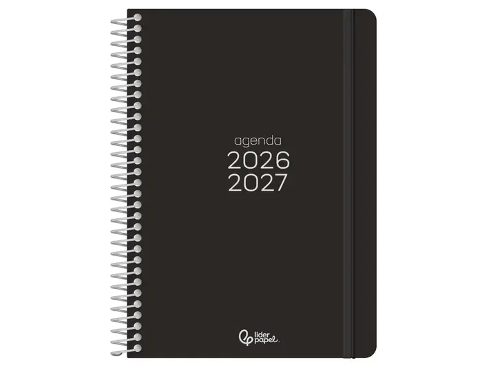 Liderpapel - Agenda escolar 2026-2027, formato A5, espiral, interior bilingüe, 2 días por página, colección Basic, color negro, papel FSC 70g