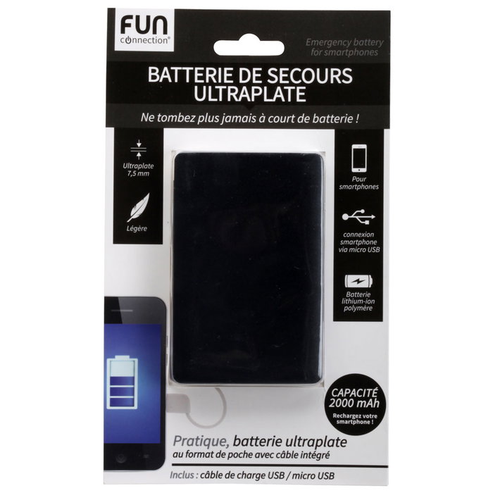 Fun Connection Batería Externa Plana 2000 mAh Compatible iPhone y Smartphones con Cable USB