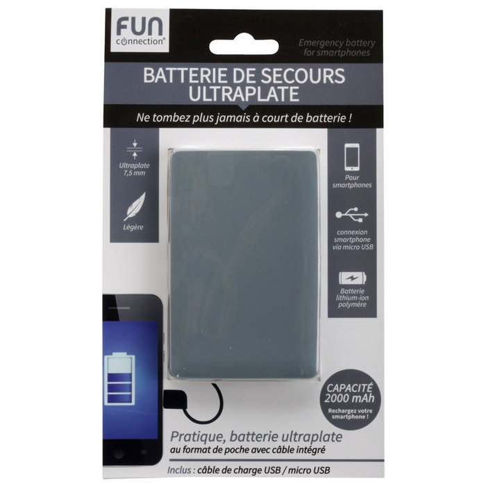 Fun Connection Batería Externa Plana 2000 mAh Compatible iPhone y Smartphones con Cable USB