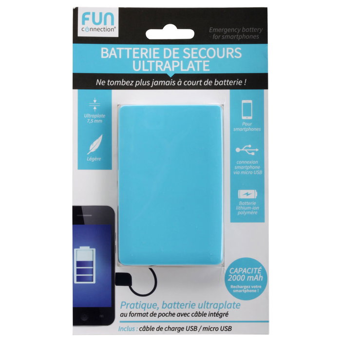 Fun Connection Batería Externa Plana 2000 mAh Compatible iPhone y Smartphones con Cable USB