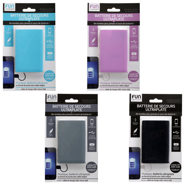 Fun Connection Batería Externa Plana 2000 mAh Compatible iPhone y Smartphones con Cable USB