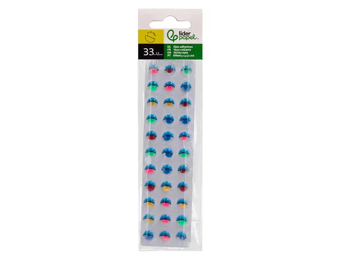 Liderpapel Ojo adhesivo 10 mm con pupila y pestaña de color, pack de 33 unidades