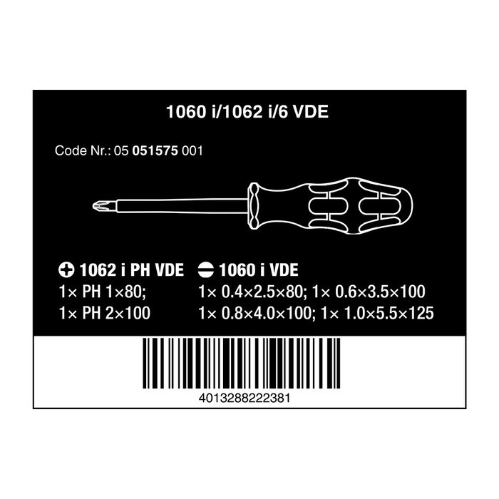 Wera Destornilladores aislados VDE Juego 6 Piezas Kraftform Multicomponente 1000V con PH1, PH2, planos 0.4x2.5, 0.6x3.5, 0.8x4, 1.0x5.5 Wera Destornilladores aislados VDE Juego 6 Piezas Kraftform Multicomponente 1000V con PH1, PH2, planos 0.4x2.5, 0.6x3.5, 0.8x4, 1.0x5.5