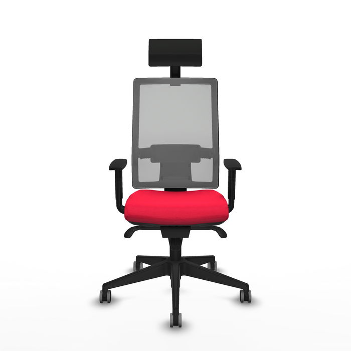 Silla de oficina Horna con mecanismo Sincro tapizada con Tela color Rojo y malla color Gris. Equipada con lumbar 1D, Brazos 1D, Cabecero Fijo y Ruedas 65 mm parqué Silla de oficina Horna con mecanismo Sincro tapizada con Tela color Rojo y malla color Gris. Equipada con lumbar 1D, Brazos 1D, Cabecero Fijo y Ruedas 65 mm parqué