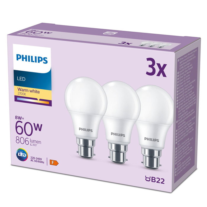 Philips Bombilla LED 60 W B22 Blanco cálido Mate - 3 piezas Philips Bombilla LED 60 W B22 Blanco cálido Mate - 3 piezas