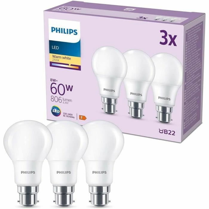 Philips Bombilla LED 60 W B22 Blanco cálido Mate - 3 piezas Philips Bombilla LED 60 W B22 Blanco cálido Mate - 3 piezas