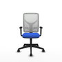 Silla de oficina Motilla con mecanismo Sincro tapizada con Tela color Azul y malla color Blanco. Equipada con lumbar 1D, Brazos 1D y Ruedas 65mm nailon