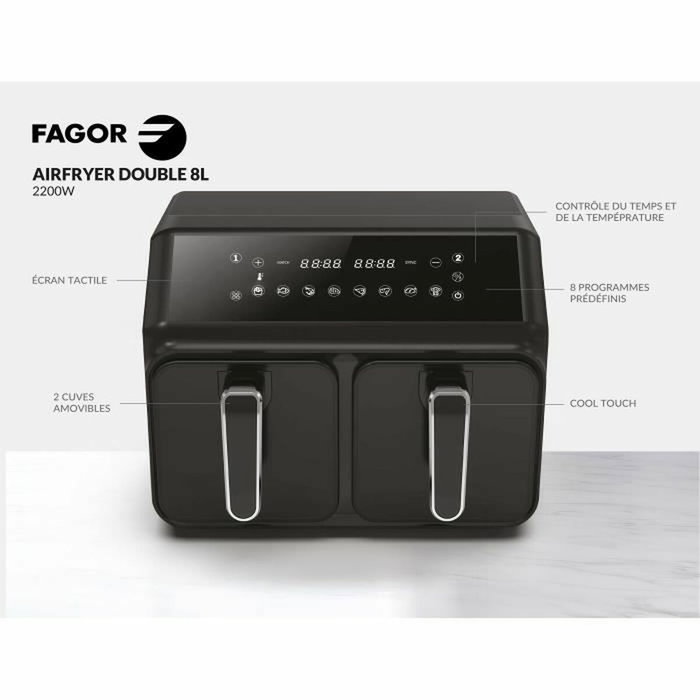 Fagor Airfryer 8L con 2 depósitos de 4L, 2200W y 8 programas - Negra