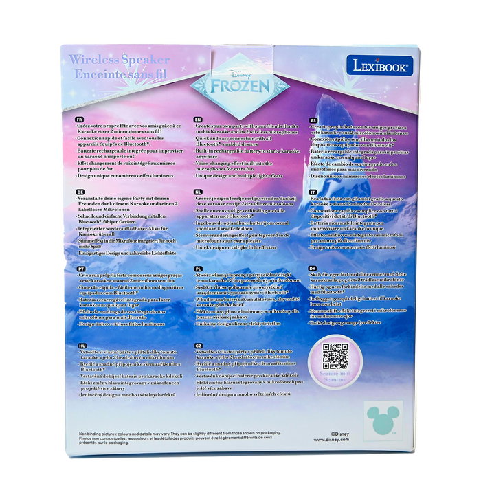 Lexibook Karaoke Frozen con Micrófonos Inalámbricos BTC030FZ - Altavoz Recargable con Luces, Licencia Disney para Niños +6 Años
