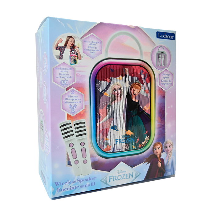 Lexibook Karaoke Frozen con Micrófonos Inalámbricos BTC030FZ - Altavoz Recargable con Luces, Licencia Disney para Niños +6 Años