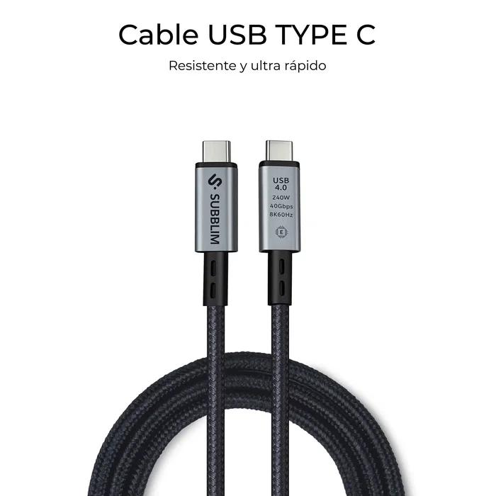 Subblim SUBCAB-C24010 Cable USB-C a USB-C USB4 240W 40Gbps Negro 1.5m - Compatible con Thunderbolt 4, Video 8K 60Hz/4K 120Hz, Carga PD 3.1