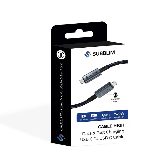 Subblim SUBCAB-C24010 Cable USB-C a USB-C USB4 240W 40Gbps Negro 1.5m - Compatible con Thunderbolt 4, Video 8K 60Hz/4K 120Hz, Carga PD 3.1