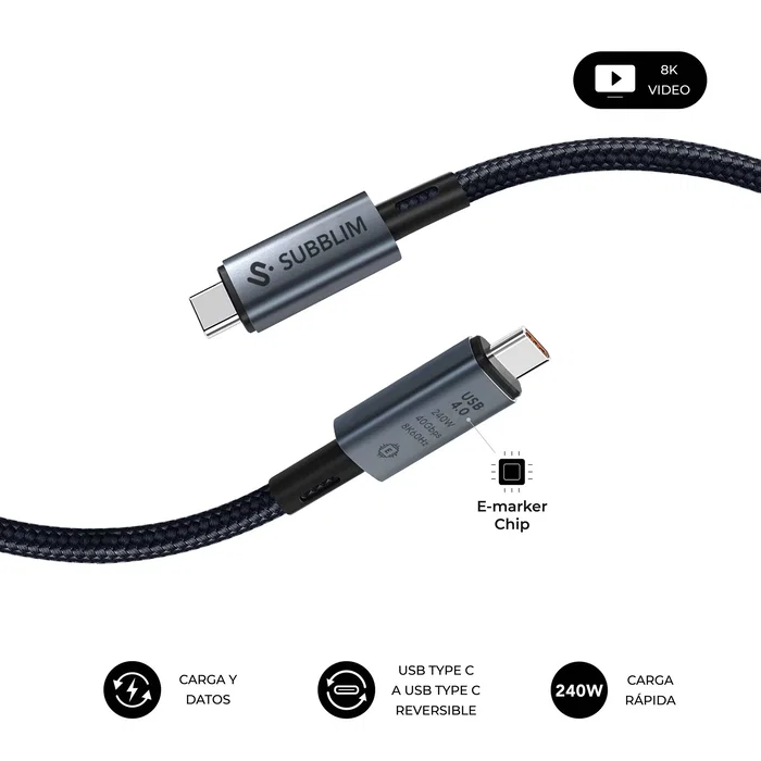 Subblim SUBCAB-C24010 Cable USB-C a USB-C USB4 240W 40Gbps Negro 1.5m - Compatible con Thunderbolt 4, Video 8K 60Hz/4K 120Hz, Carga PD 3.1
