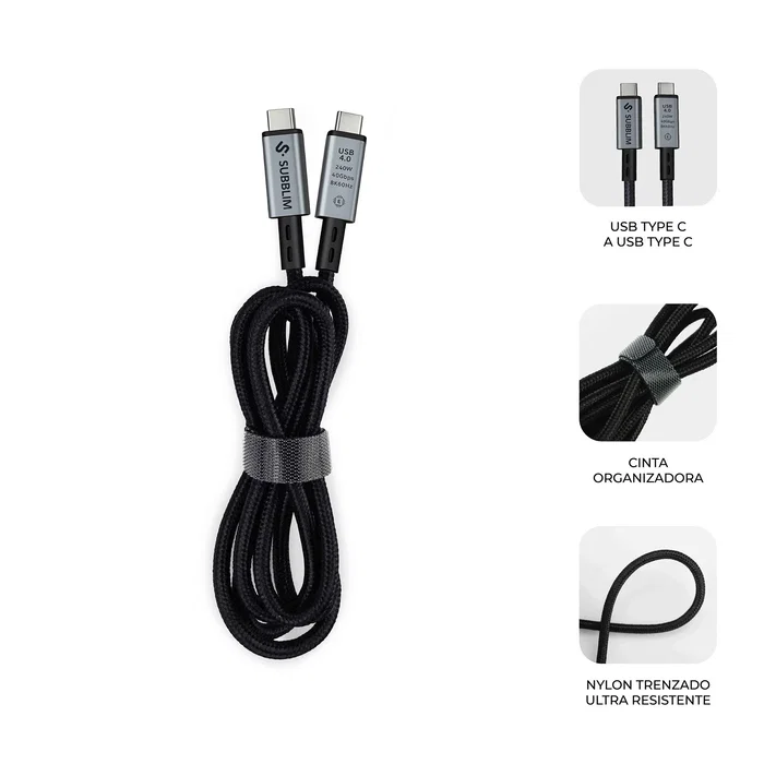 Subblim SUBCAB-C24010 Cable USB-C a USB-C USB4 240W 40Gbps Negro 1.5m - Compatible con Thunderbolt 4, Video 8K 60Hz/4K 120Hz, Carga PD 3.1