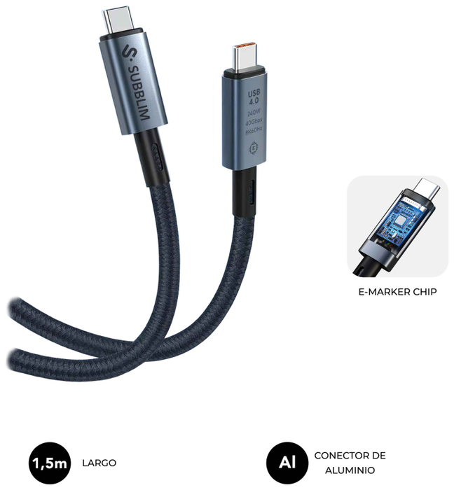 Subblim Cable USB-C a USB-C 4.0 8K 1,5 m 240W Negro