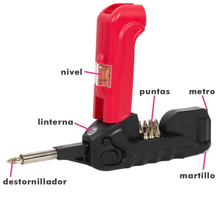 Je cherche une Idee Destornillador 12 En 1 - Destornillador Multifunción 12 en 1 con 12 Puntas, Luz LED, Nivel, Martillo y Metro, Fabricado en Acero y ABS