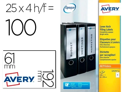 Avery Etiquetas Adhesivas Ultragrip Para Archivadores Palanca 192x61 mm Inkjet-Láser 4 X 25H Blanco Avery Etiquetas Adhesivas Ultragrip Para Archivadores Palanca 192x61 mm Inkjet-Láser 4 X 25H Blanco