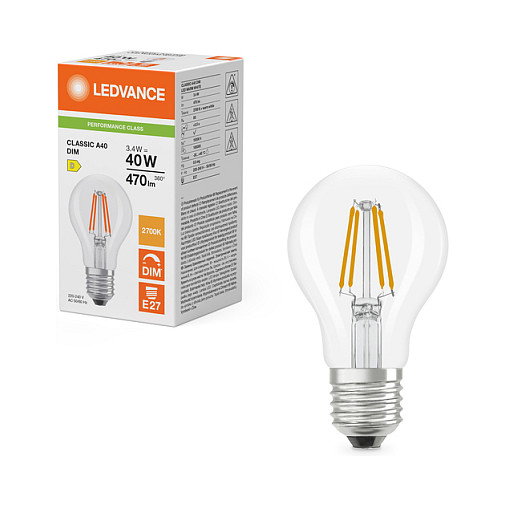 OSRAM LED Classic A 40 Filament DIM P Bombilla LED E27 3.4W (40W) 470lm Blanco Cálido 2700K Transparente Regulable
