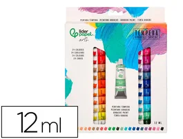 Liderpapel Tempera Gouache Caja de 24 Tubos de Aluminio de 12 ml, Colores Surtidos (Blanco Titanio, Amarillo, Rojo, Verde, Azul, Negro, etc.)