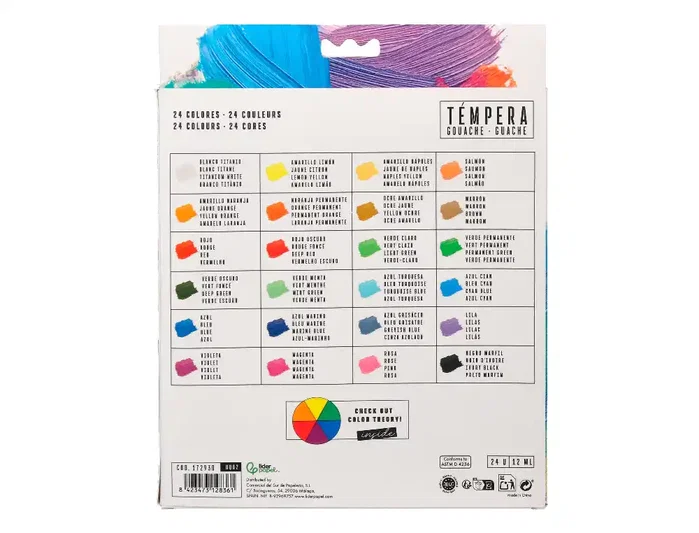 Liderpapel Tempera Gouache Caja de 24 Tubos de Aluminio de 12 ml, Colores Surtidos (Blanco Titanio, Amarillo, Rojo, Verde, Azul, Negro, etc.)