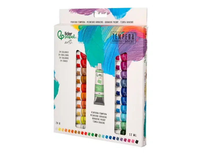 Liderpapel Tempera Gouache Caja de 24 Tubos de Aluminio de 12 ml, Colores Surtidos (Blanco Titanio, Amarillo, Rojo, Verde, Azul, Negro, etc.)