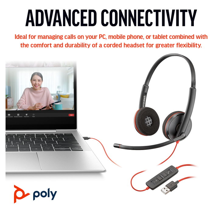 Poly Blackwire 3220 Auriculares Estéreo USB-C Negro + Adaptador USB-C/A