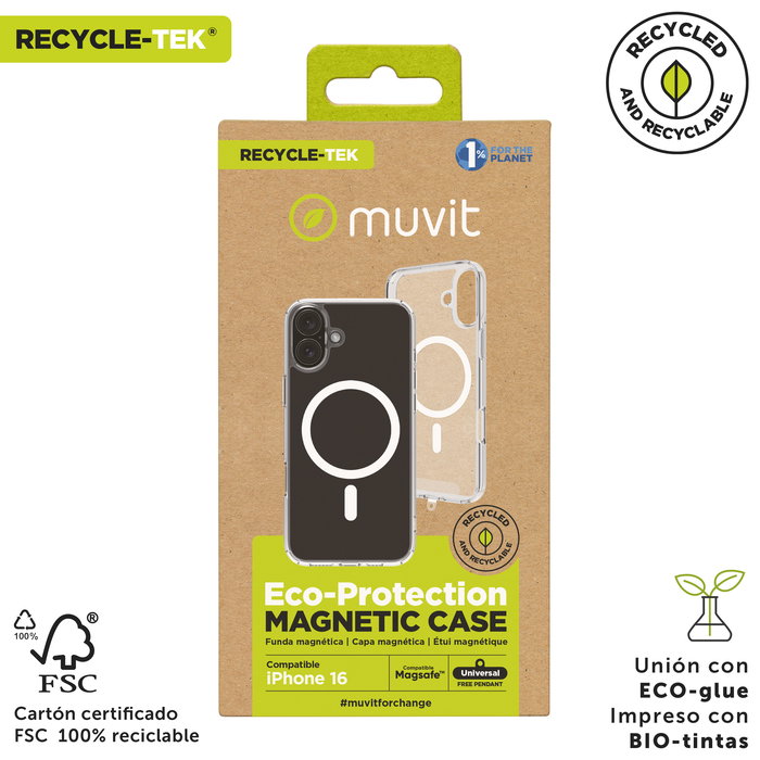 Muvit Funda Recycletek Magsafe Compatible con iPhone de Material Reciclado Transparente Suave