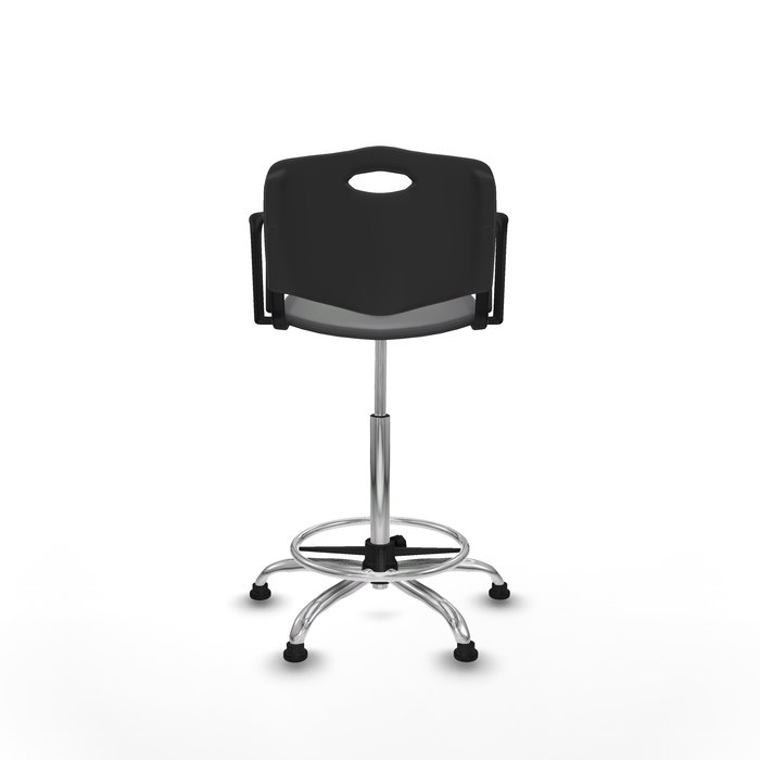 Taburete Robledo con mecanismo Giratorio de PVC color Negro. Equipado con Base cromada, Brazos fijosy Topes