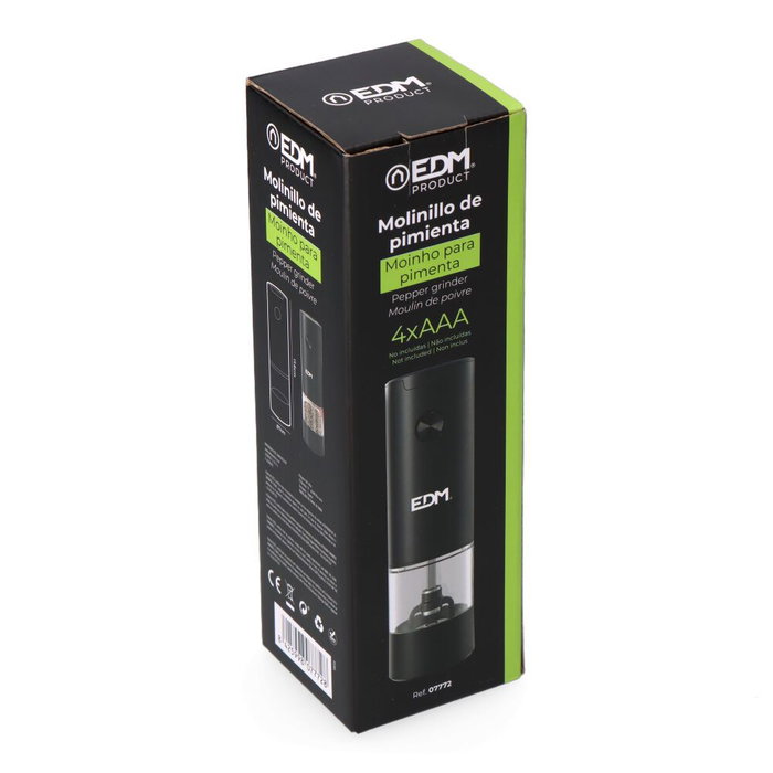 Edm Molinillo de Pimienta Eléctrico 70 ml con Cuchillas de Cerámica y Grosor Ajustable