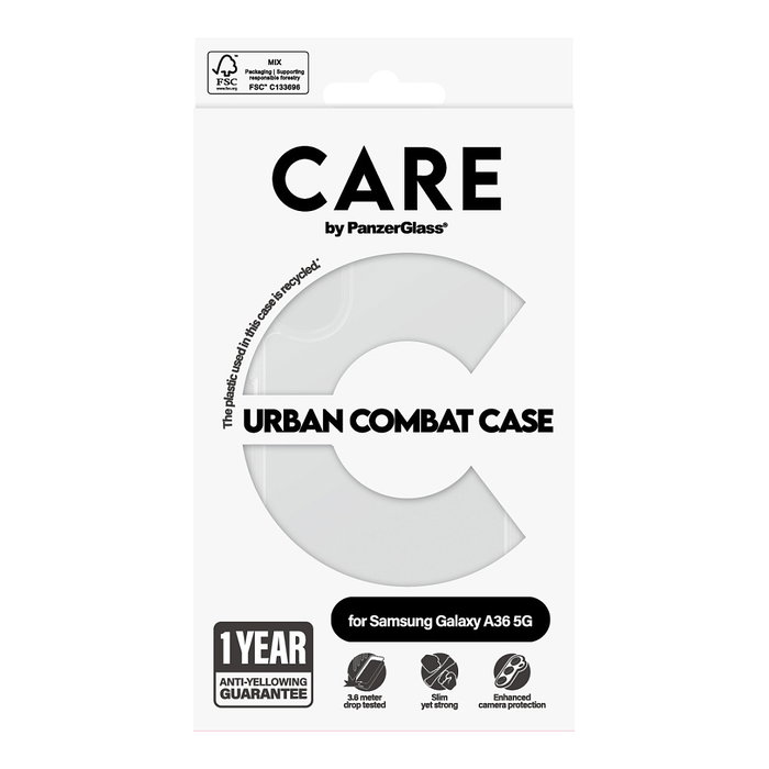 PanzerGlass CARE Flagship Case Clear w. Clear Frame Funda Transparente Samsung Galaxy A36 5G, Resistente a Golpes, 100% Reciclado