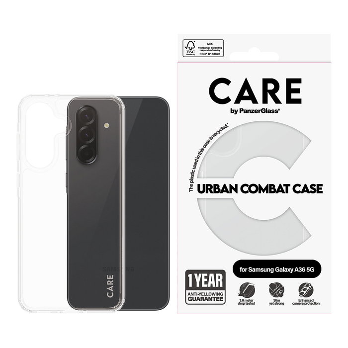 PanzerGlass CARE Flagship Case Clear w. Clear Frame Funda Transparente Samsung Galaxy A36 5G, Resistente a Golpes, 100% Reciclado