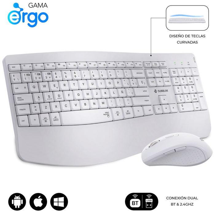 Subblim Combo Dual Prowave White Teclado y Ratón Ergonómicos Blanco