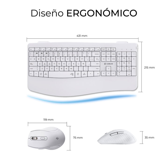Subblim Combo Dual Prowave White Teclado y Ratón Ergonómicos Blanco