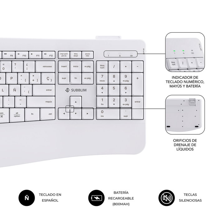 Subblim Combo Dual Prowave White Teclado y Ratón Ergonómicos Blanco