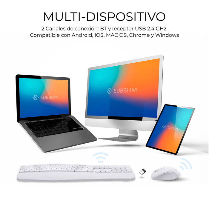 Subblim Combo Dual Prowave White Teclado y Ratón Ergonómicos Blanco