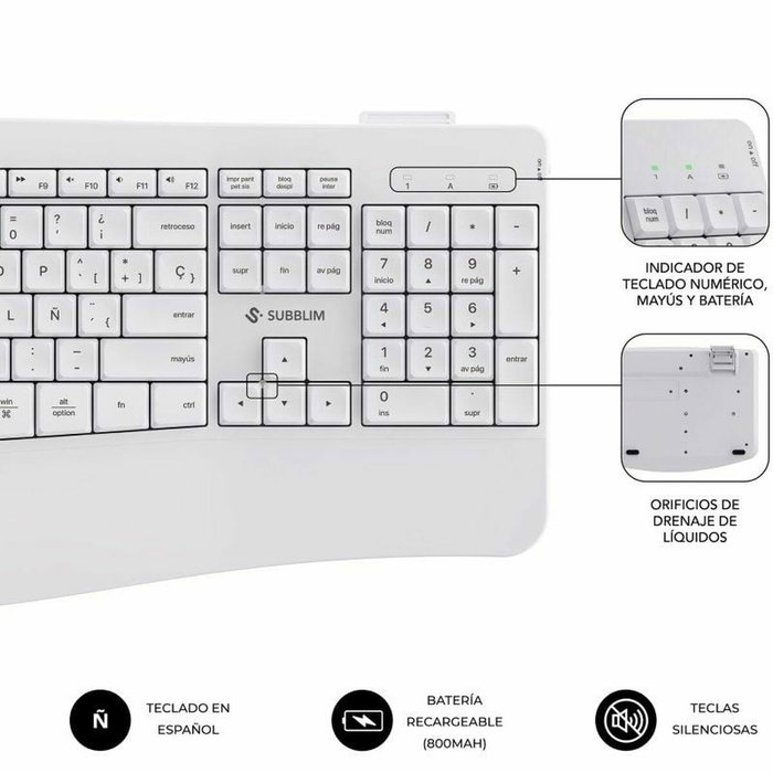 Subblim Combo Dual Prowave White Teclado y Ratón Ergonómicos Blanco