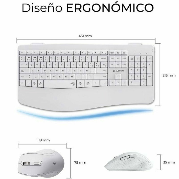 Subblim Combo Dual Prowave White Teclado y Ratón Ergonómicos Blanco