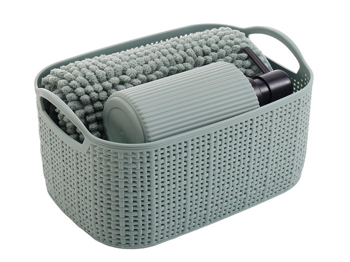 Berilo - Set 3 Piezas para Baño en Tela de Poliéster y Plástico PP, Color Verde, Alfombrilla 38x58 cm, Cesta 23.7x16x14 cm y Dispensador (Set de 12)