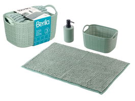 Berilo - Set 3 Piezas para Baño en Tela de Poliéster y Plástico PP, Color Verde, Alfombrilla 38x58 cm, Cesta 23.7x16x14 cm y Dispensador (Set de 12)
