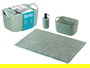 Berilo - Set 3 Piezas para Baño en Tela de Poliéster y Plástico PP, Color Verde, Alfombrilla 38x58 cm, Cesta 23.7x16x14 cm y Dispensador (Set de 12)