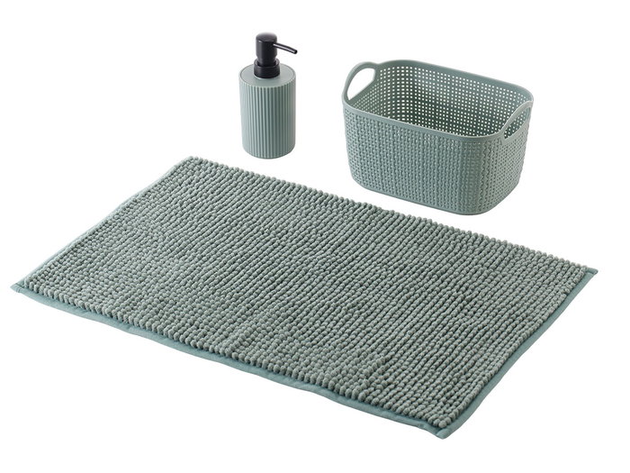 Berilo - Set 3 Piezas para Baño en Tela de Poliéster y Plástico PP, Color Verde, Alfombrilla 38x58 cm, Cesta 23.7x16x14 cm y Dispensador (Set de 12)