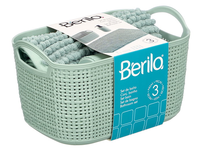 Berilo - Set 3 Piezas para Baño en Tela de Poliéster y Plástico PP, Color Verde, Alfombrilla 38x58 cm, Cesta 23.7x16x14 cm y Dispensador (Set de 12)